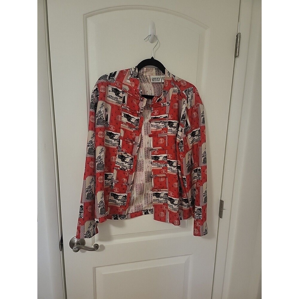 VTG Chico’s Red Silk Asian Print Oriental Mandarin Collar Blazer Jacket Size 2